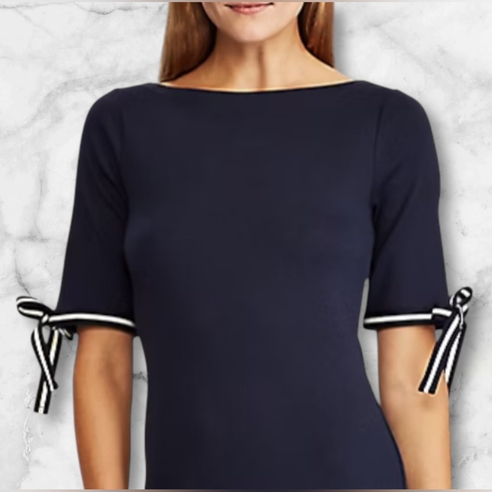 Lauren Ralph Lauren Navy Blue Top White Ribbon Tie Accents Short Sleeve Size L - Picture 2 of 14